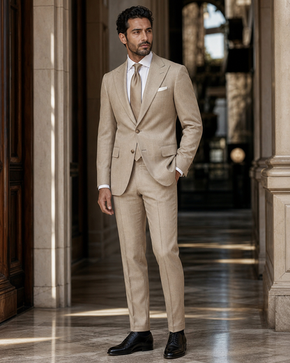 Tan Linen Outdoor Wedding Suit - Custom Made to Measure side back view