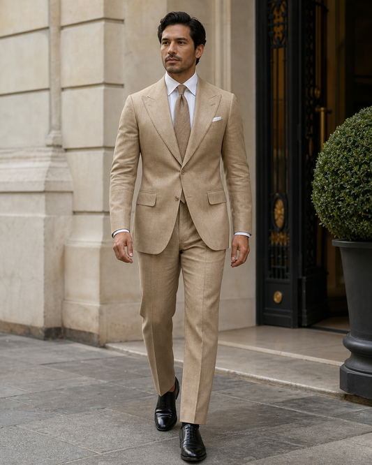 Tan Linen Peak Lapel Suit - Custom Made to Measure front view