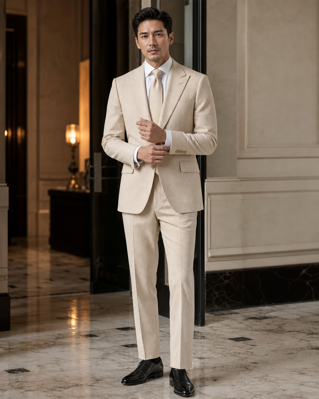 Tan Seersucker Beach Wedding Suit - Custom Made to Measure front view