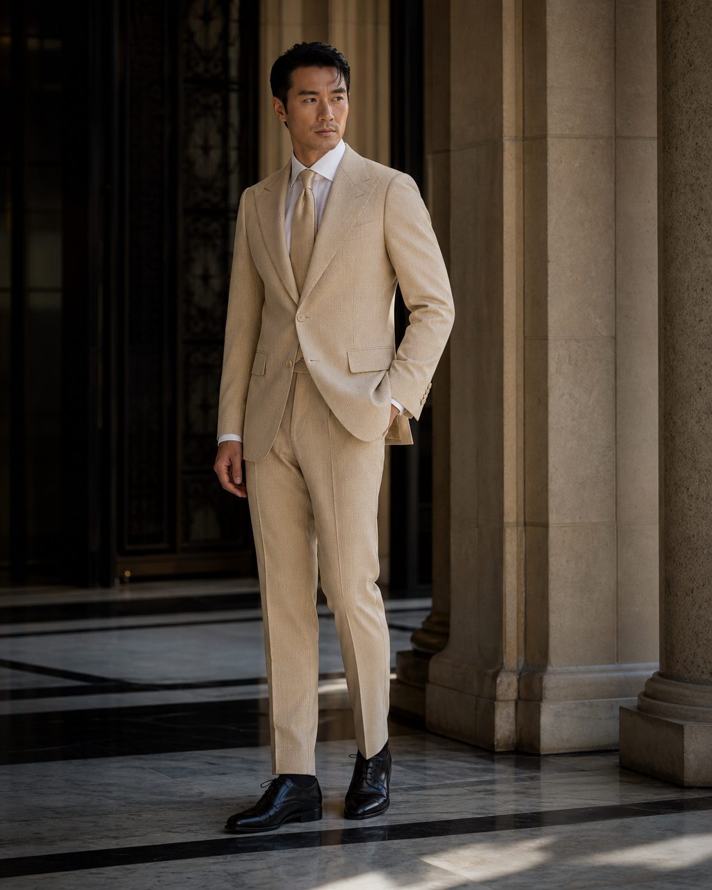 Tan Seersucker Beach Wedding Suit - Custom Made to Measure side back view