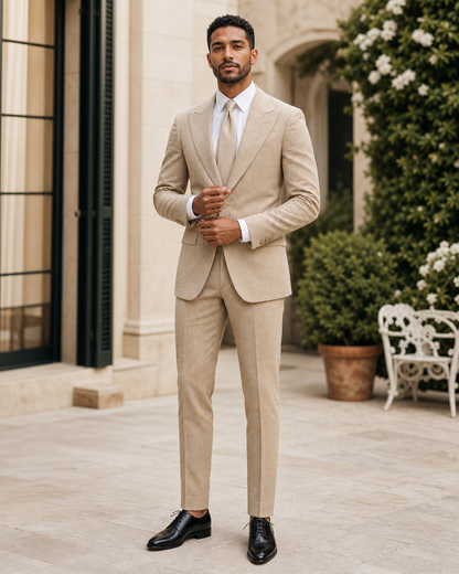 Tan Seersucker Outdoor Wedding Suit — Custom Made to Measure front view