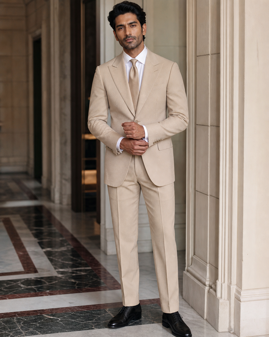 Tan Seersucker Summer Suit - Custom Made to Measure front view