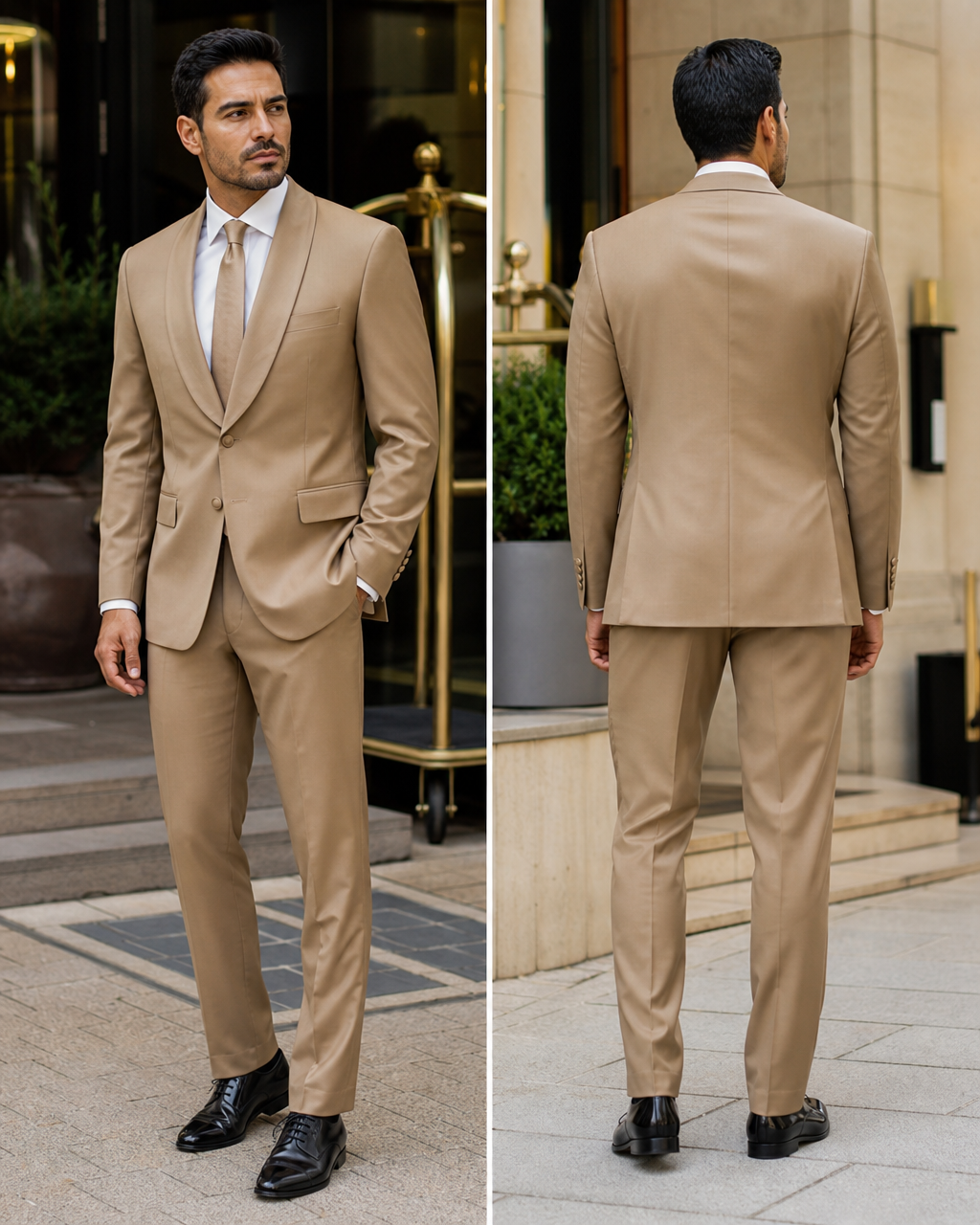 Tan Silk Blend Shawl Lapel Suit - Custom Made to Measure back view