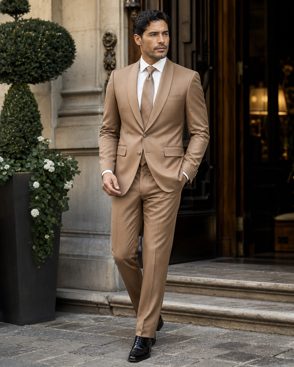 Tan Silk Blend Shawl Lapel Suit - Custom Made to Measure craftsmanship detail close up
