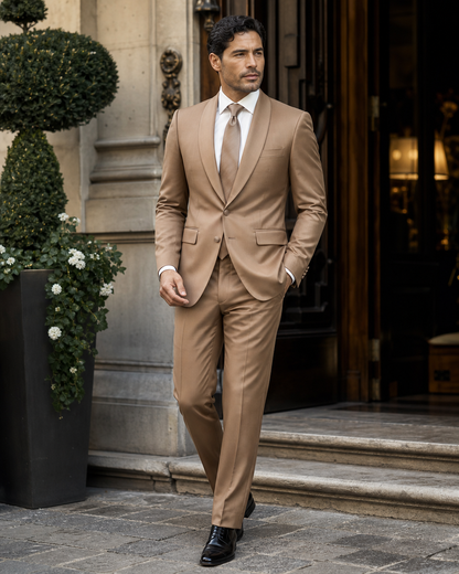 Tan Silk Blend Shawl Lapel Suit - Custom Made to Measure craftsmanship detail close up