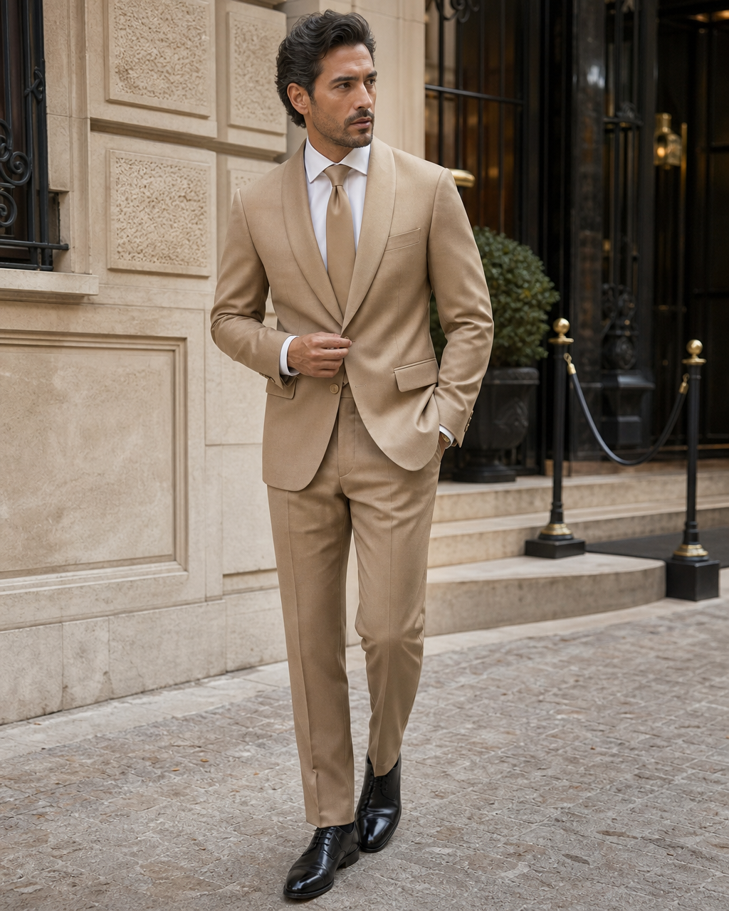 Tan Silk Blend Shawl Lapel Suit - Custom Made to Measure fabric texture close up