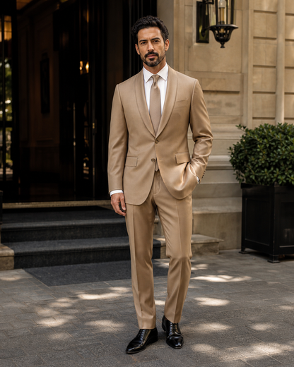 Tan Silk Blend Shawl Lapel Suit - Custom Made to Measure front view