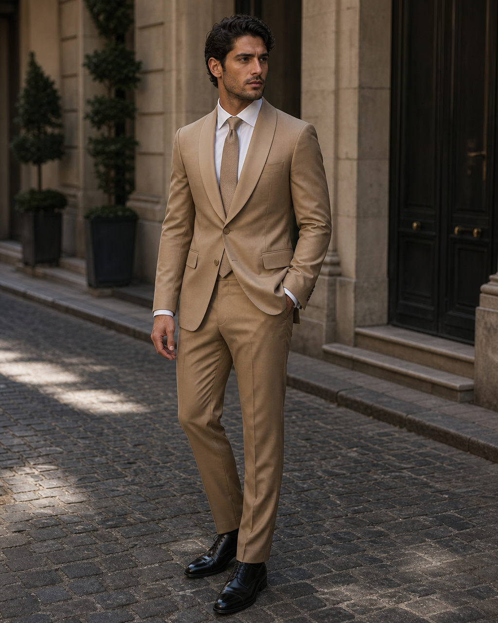 Tan Silk Blend Shawl Lapel Suit - Custom Made to Measure side three quarter view