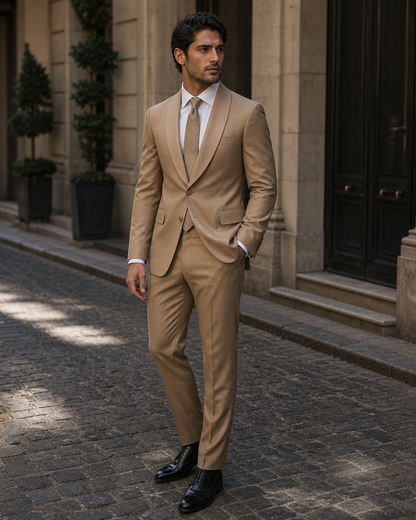 Tan Silk Blend Shawl Lapel Suit - Custom Made to Measure side three quarter view