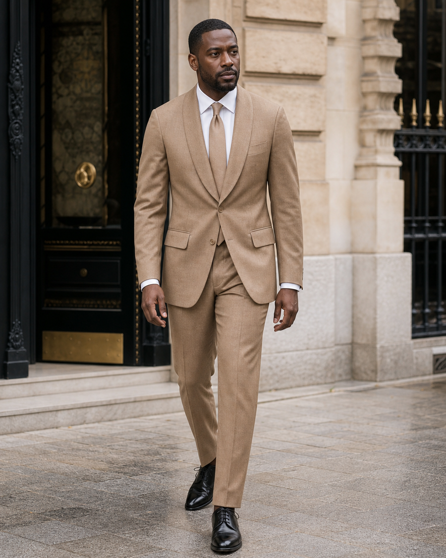 Tan Wool Shawl Lapel Suit — Custom Made to Measure