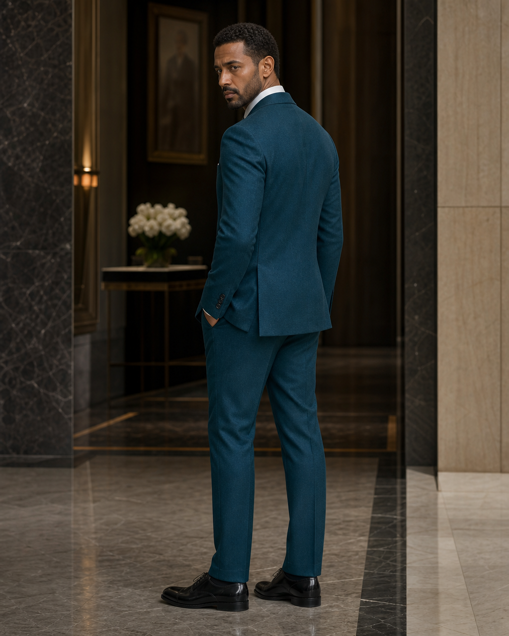Teal Cashmere Blend Winter Suit - Custom Made to Measure side back view