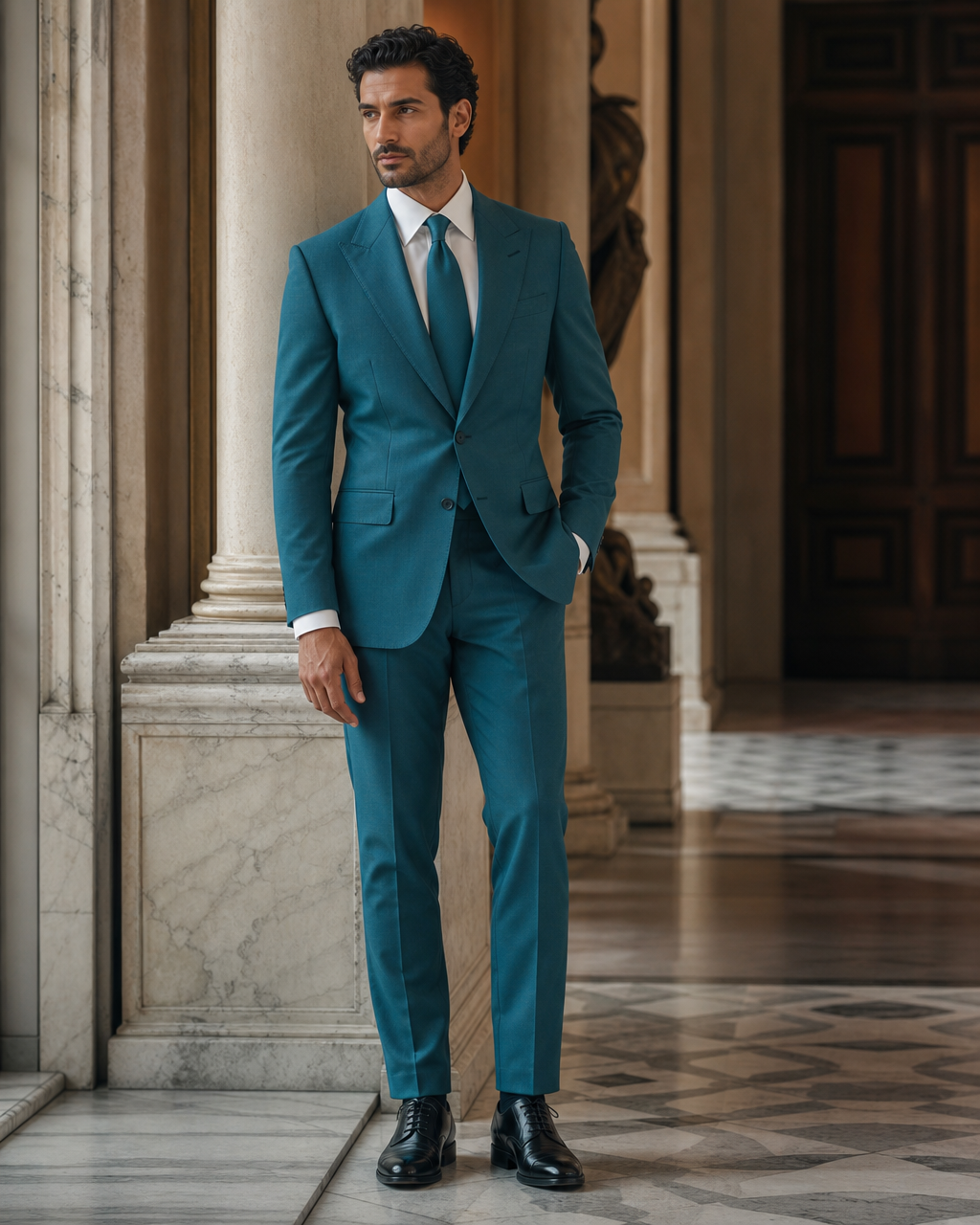 Teal Cotton Beach Wedding Suit - Custom Made to Measure side back view