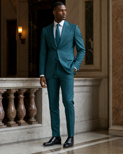 Teal Cotton Outdoor Wedding Suit - Custom Made to Measure side back view