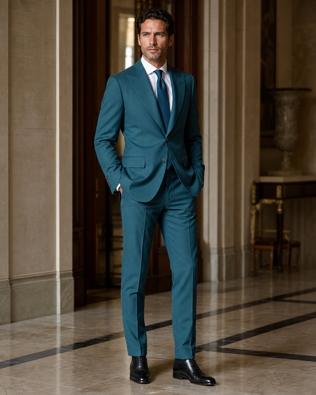 Teal Cotton Summer Suit - Custom Made to Measure side back view