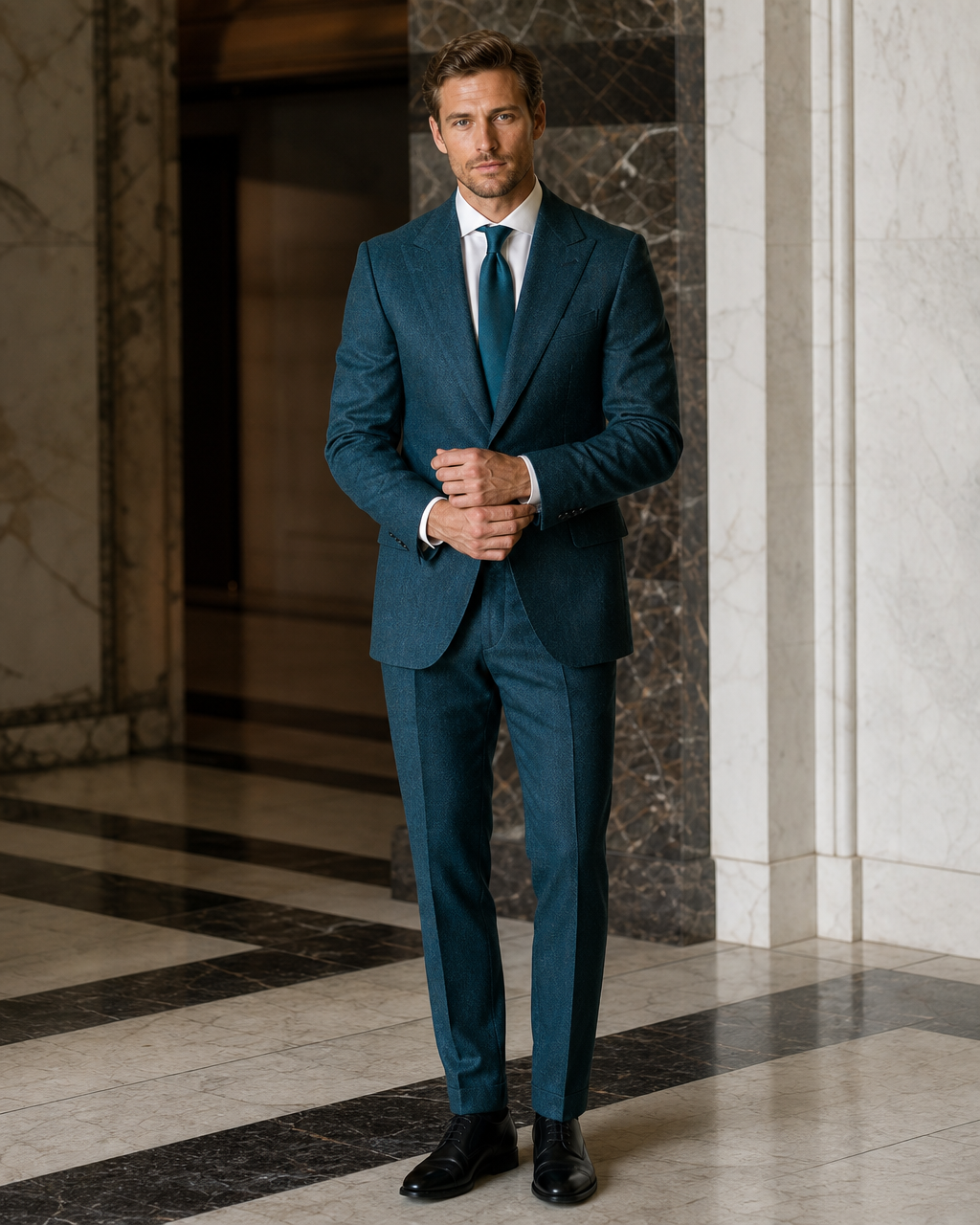 Teal Herringbone Winter Suit - Custom Made to Measure front view