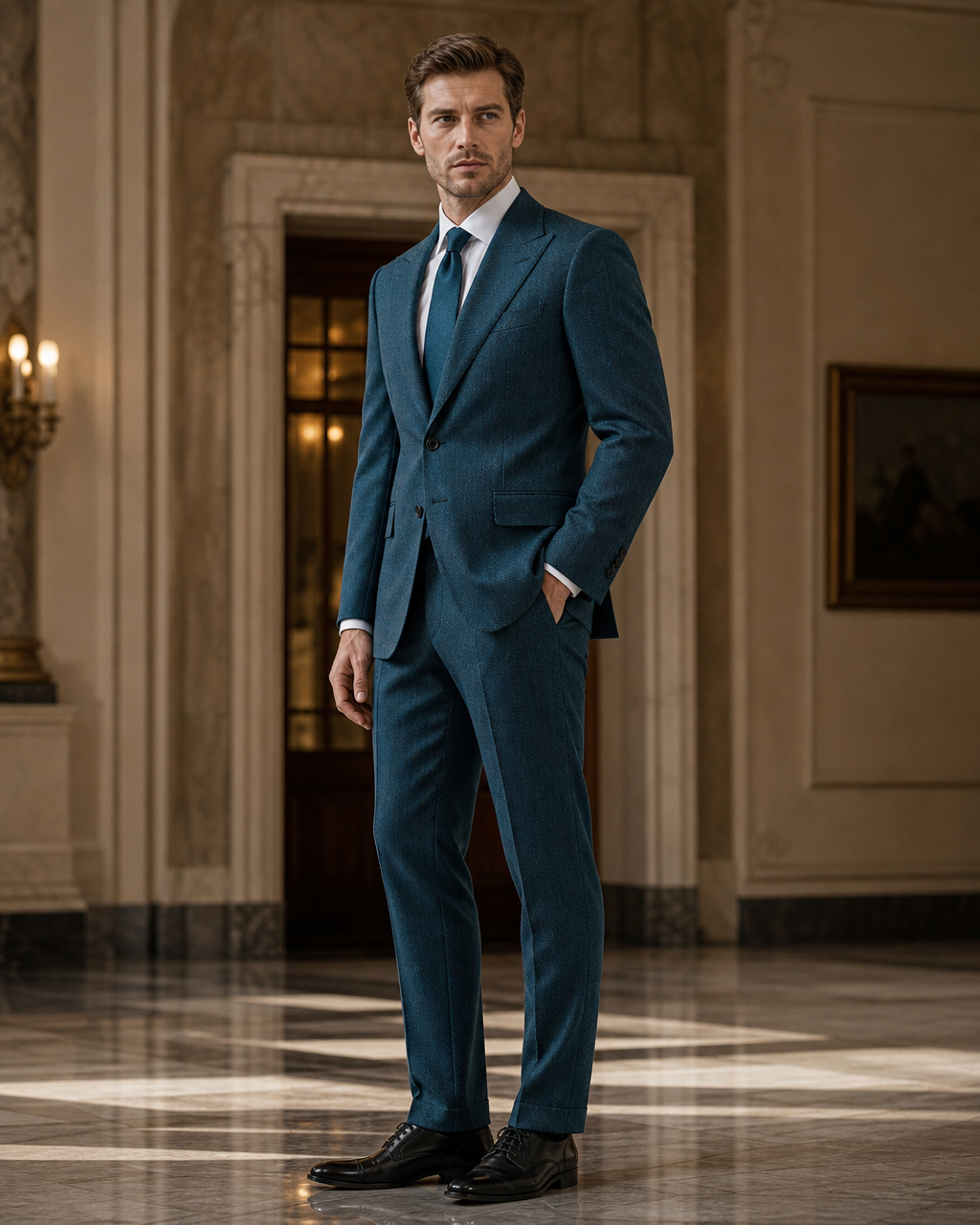 Teal Herringbone Winter Suit - Custom Made to Measure side back view