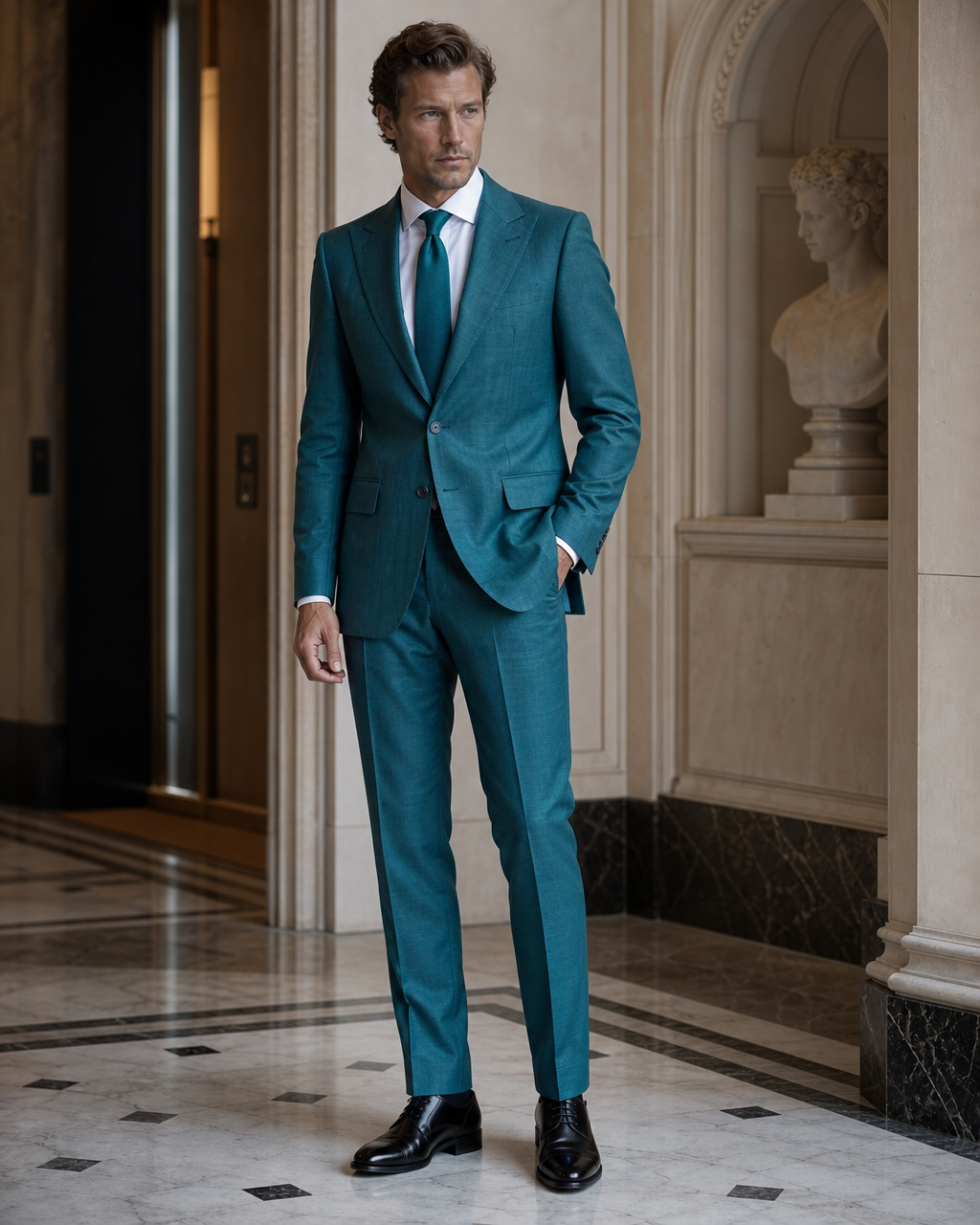Teal Linen Beach Wedding Suit - Custom Made to Measure side back view