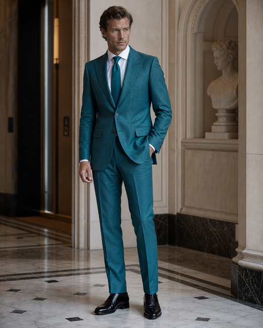 Teal Linen Beach Wedding Suit - Custom Made to Measure side back view