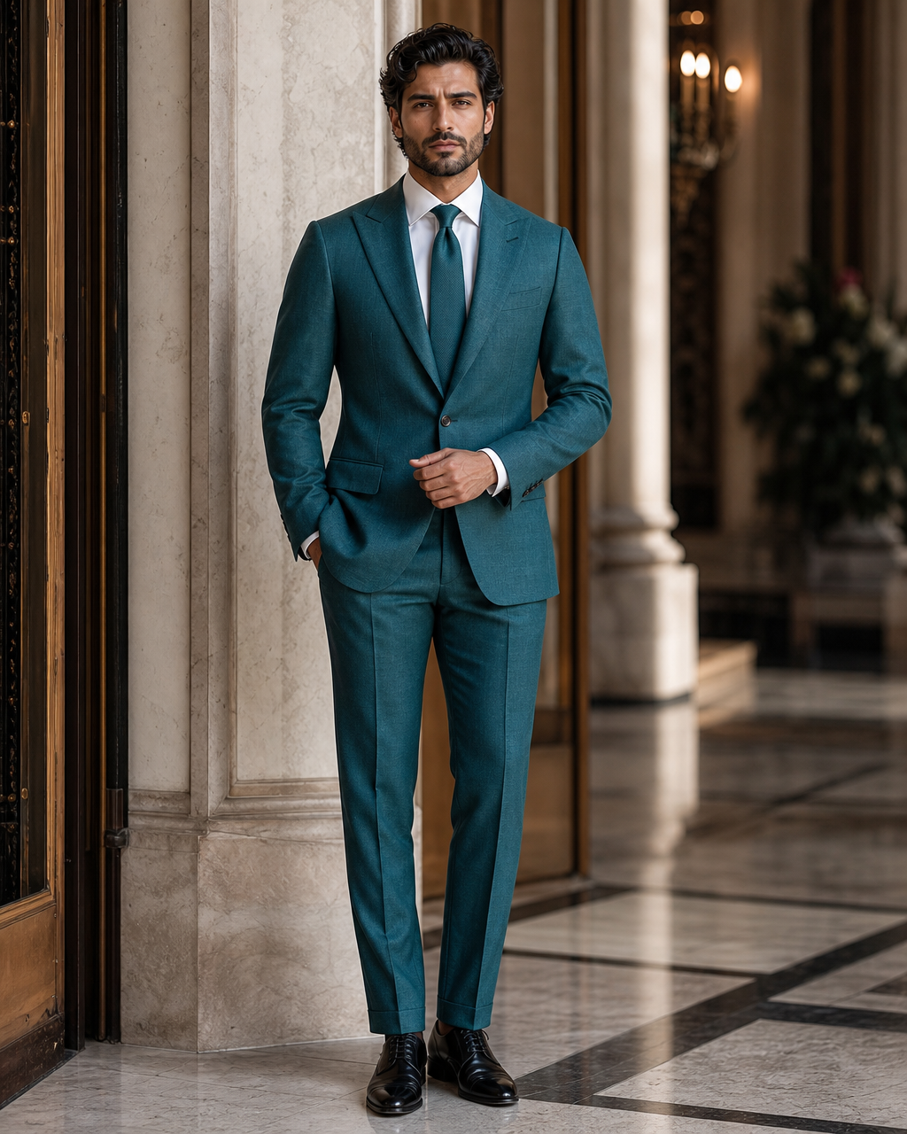 Teal Linen Outdoor Wedding Suit - Custom Made to Measure front view