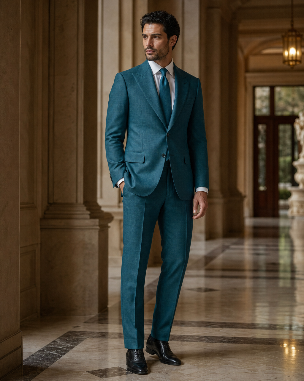 Teal Linen Outdoor Wedding Suit - Custom Made to Measure side back view