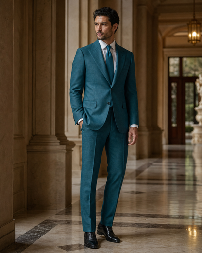 Teal Linen Outdoor Wedding Suit - Custom Made to Measure side back view