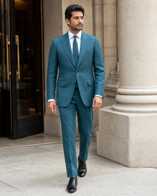 Teal Linen Peak Lapel Suit - Custom Made to Measure front view