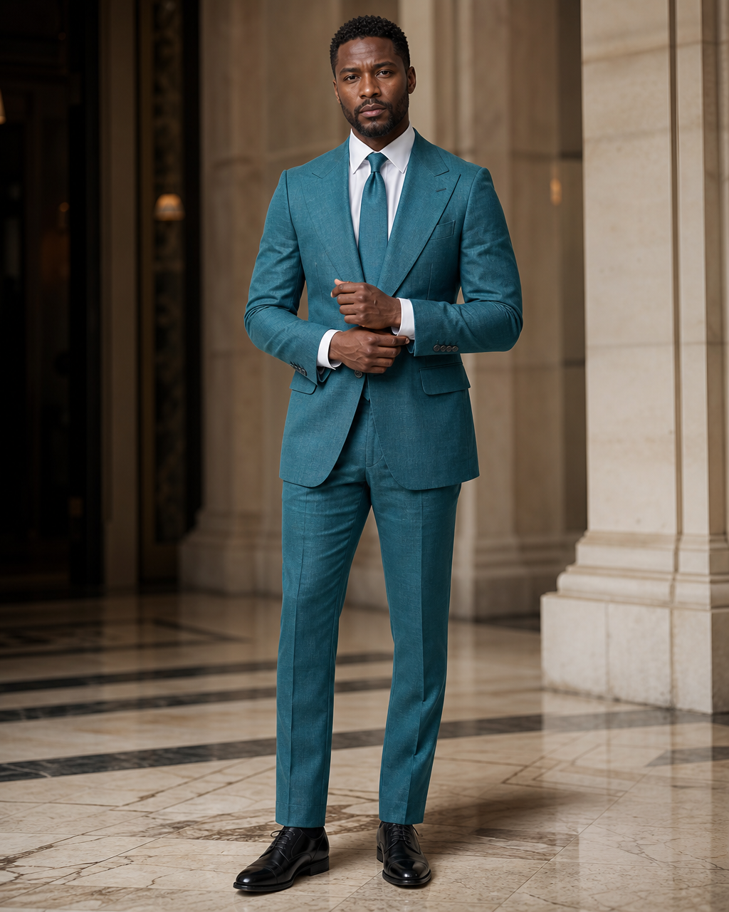 Teal Linen Summer Suit - Custom Made to Measure front view
