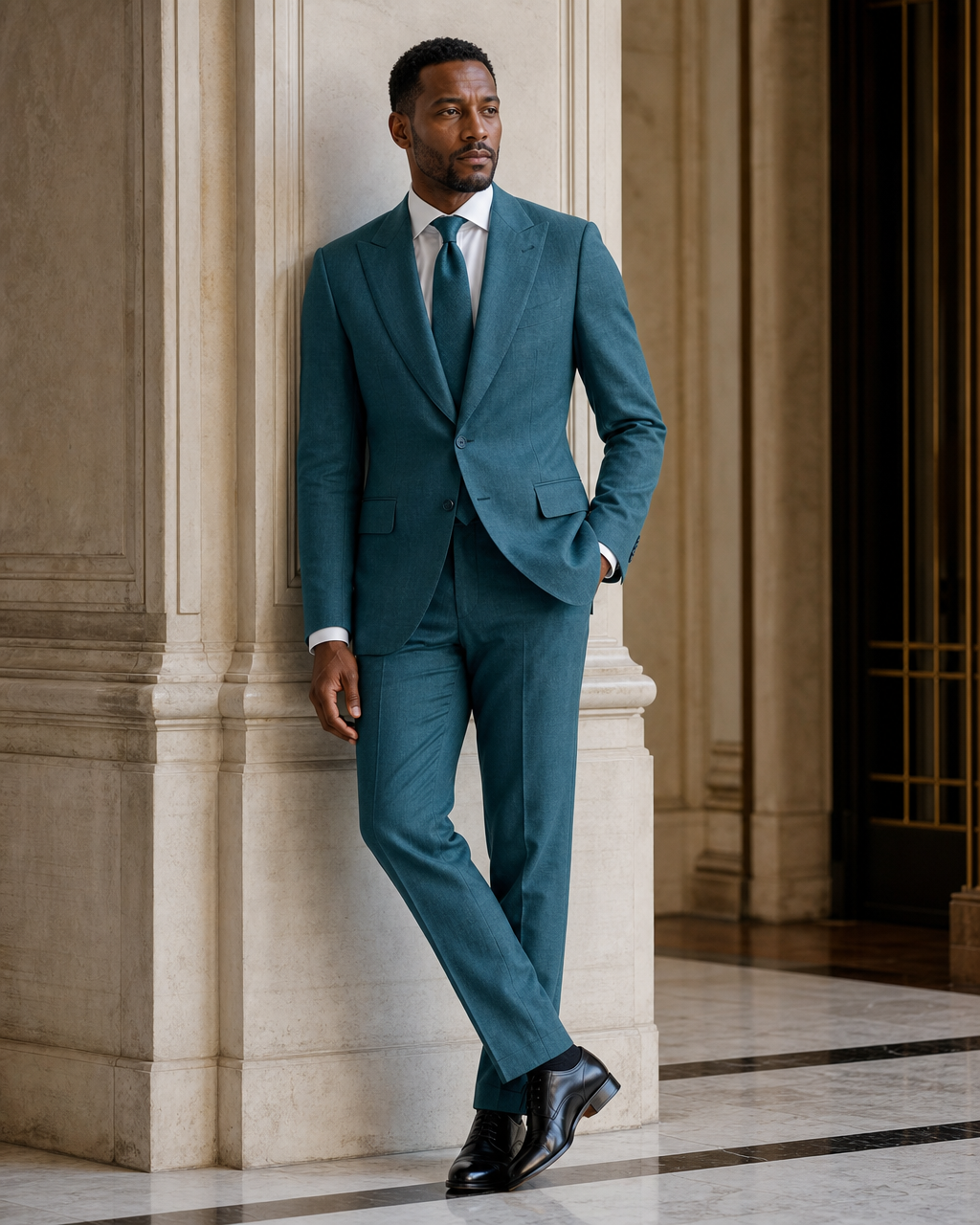 Teal Linen Summer Suit - Custom Made to Measure side back view