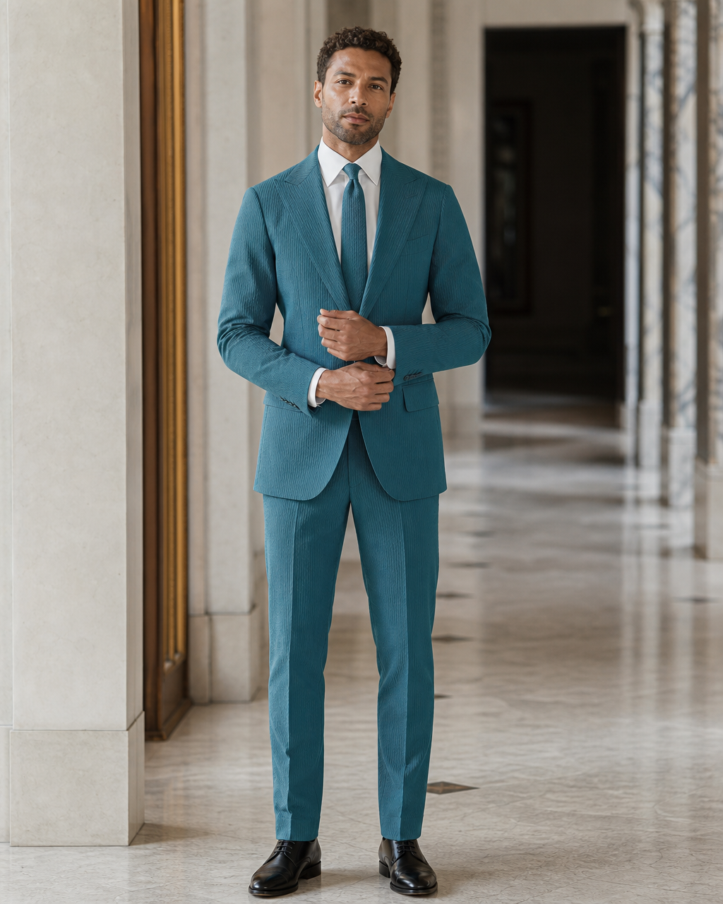 Teal Seersucker Beach Wedding Suit - Custom Made to Measure front view