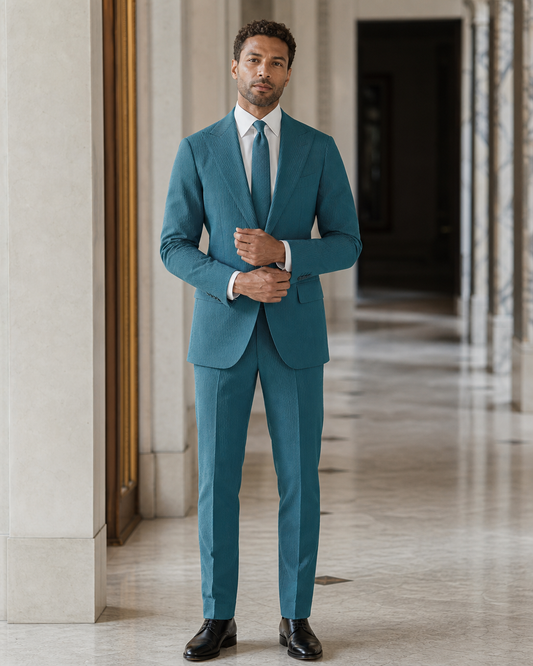 Teal Seersucker Beach Wedding Suit - Custom Made to Measure front view