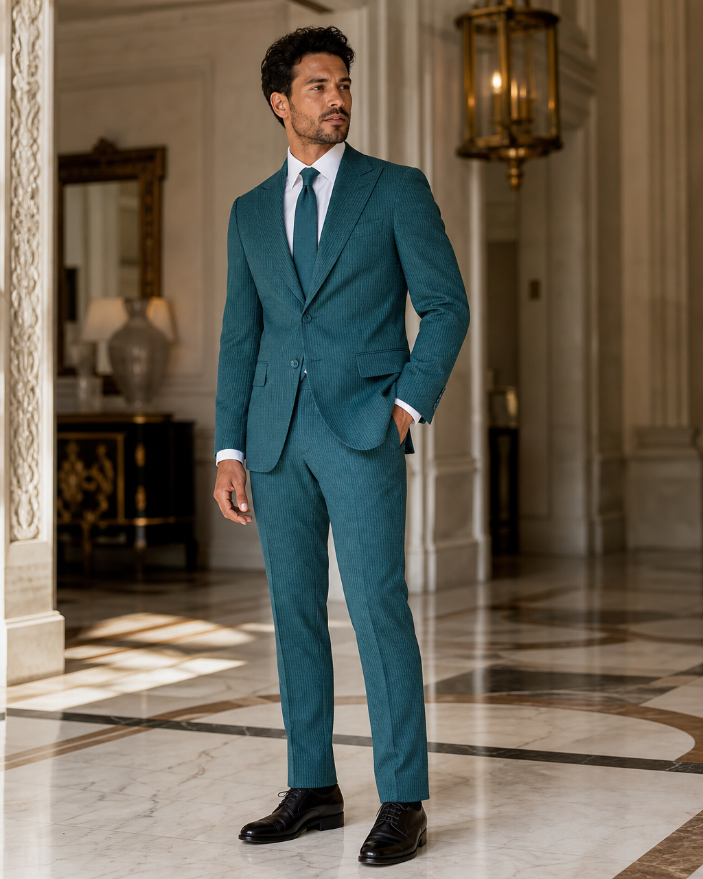 Teal Seersucker Beach Wedding Suit - Custom Made to Measure side back view