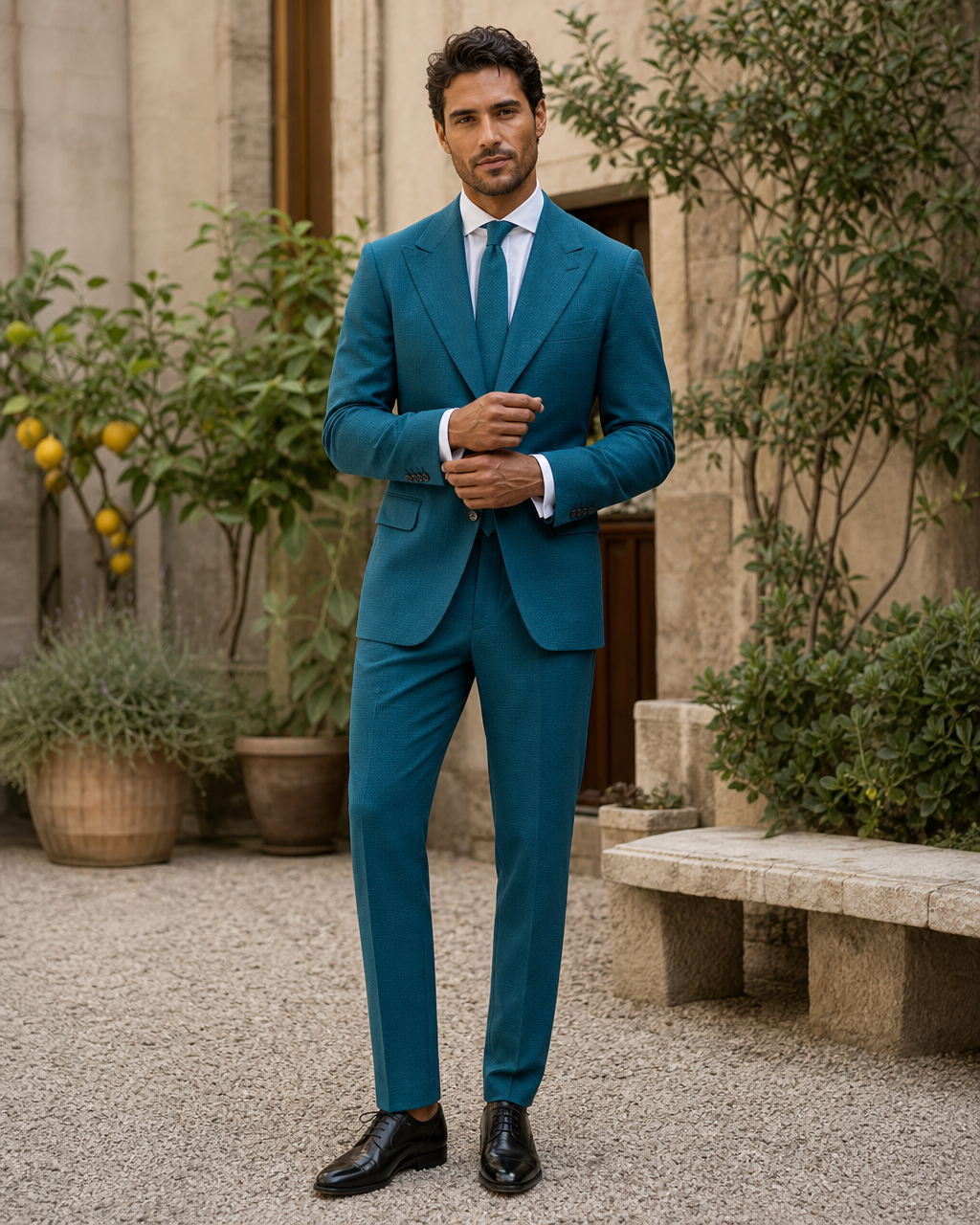 Teal Seersucker Outdoor Wedding Suit — Custom Made to Measure front view