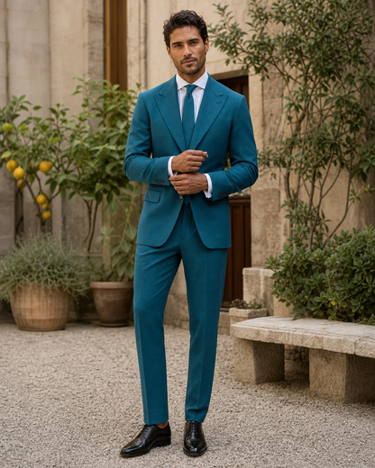 Teal Seersucker Outdoor Wedding Suit — Custom Made to Measure front view