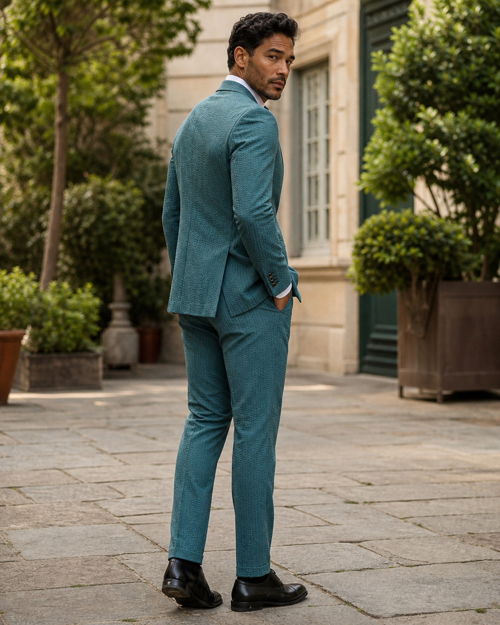Teal Seersucker Outdoor Wedding Suit — Custom Made to Measure side back view
