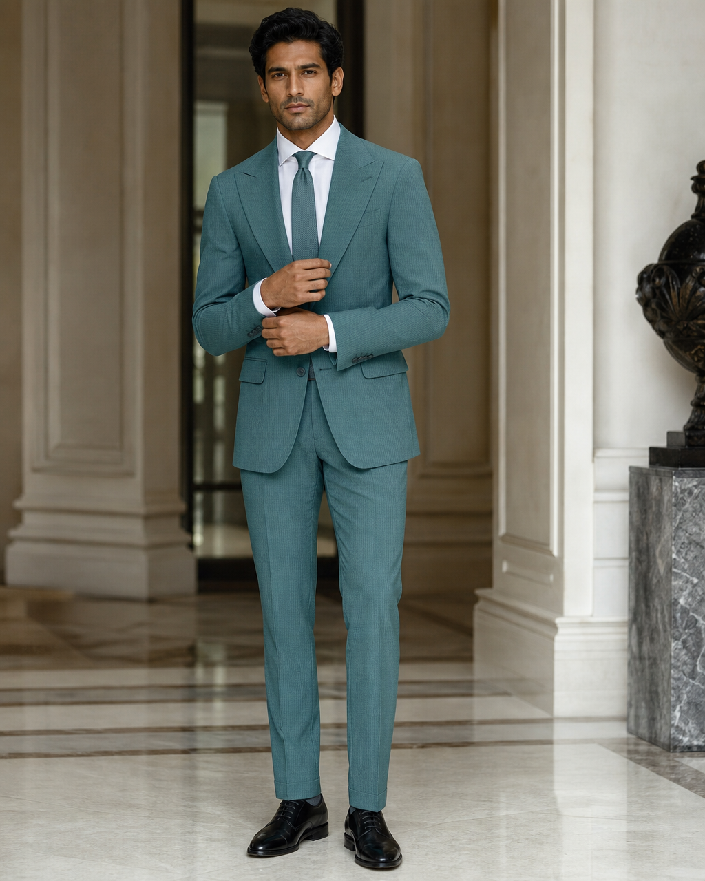 Teal Seersucker Summer Suit - Custom Made to Measure front view