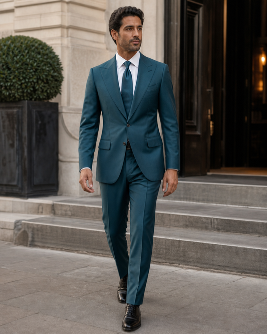 Teal Silk Blend Peak Lapel Suit - Custom Made to Measure front view