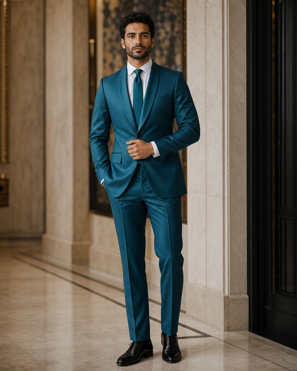 Teal Silk Blend Shawl Lapel Suit - Custom Made to Measure front view