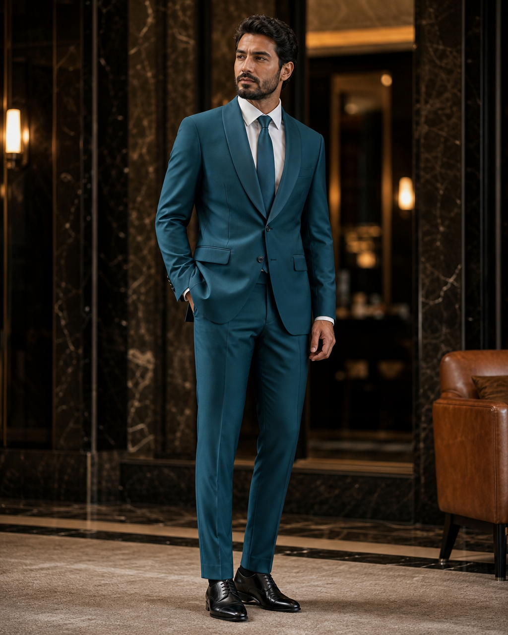 Teal Silk Blend Shawl Lapel Suit - Custom Made to Measure side back view