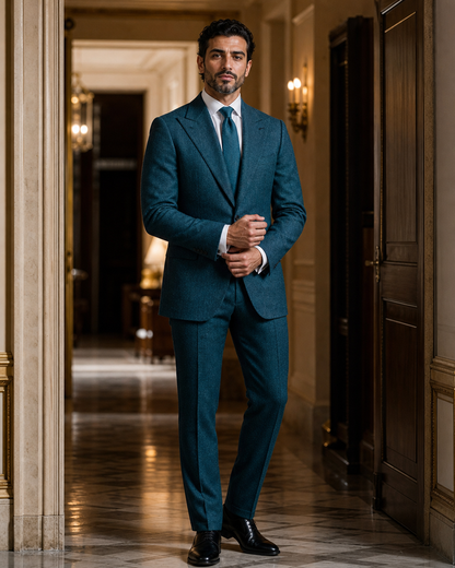 Teal Tweed Winter Suit - Custom Made to Measure front view