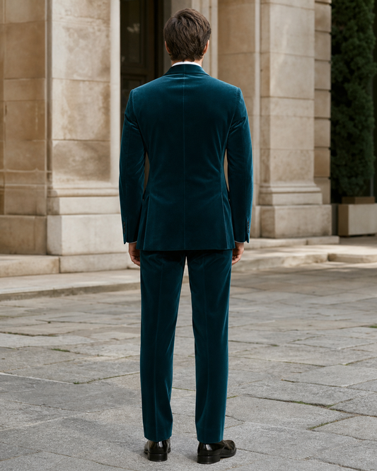 Teal Velvet Shawl Lapel Suit - Custom Made to Measure back view