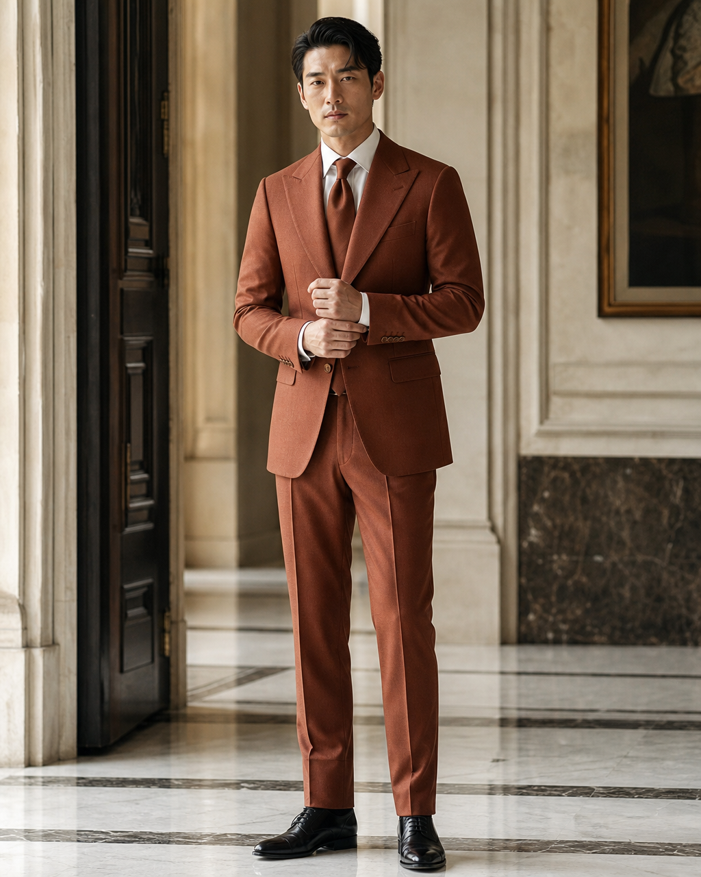 Terracotta Cashmere Blend Winter Suit - Custom Made to Measure front view