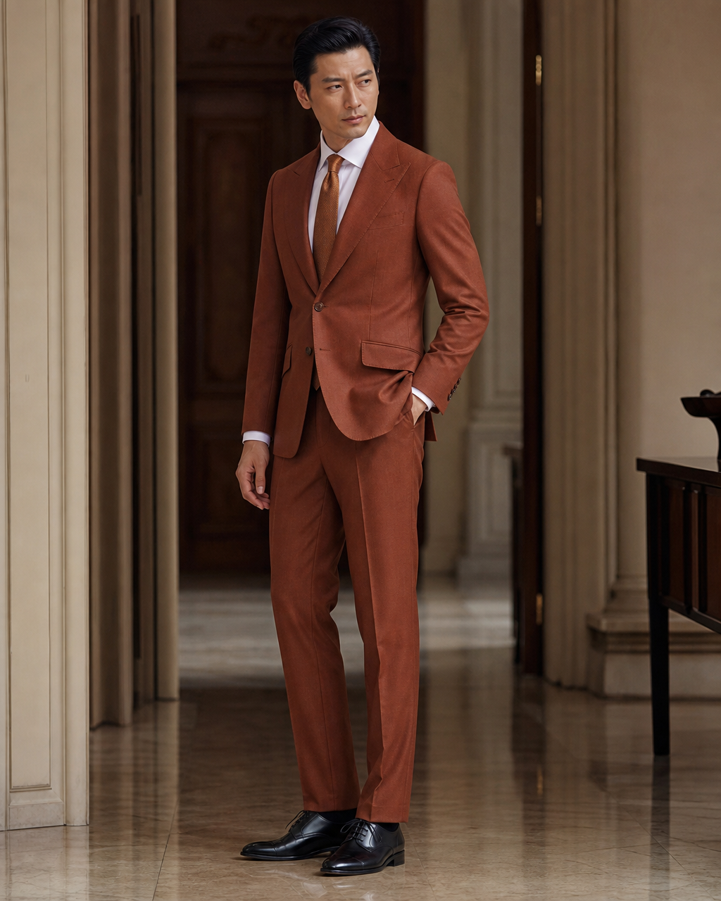 Terracotta Cashmere Blend Winter Suit - Custom Made to Measure side back view