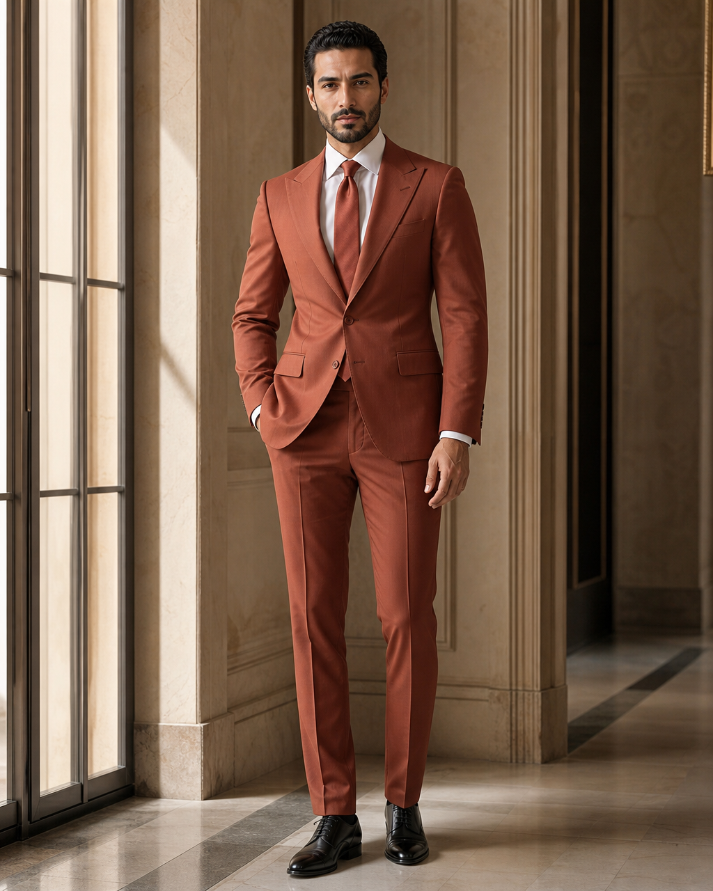 Terracotta Cotton Outdoor Wedding Suit - Custom Made to Measure side back view