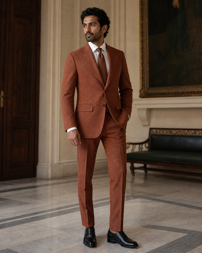 Terracotta Herringbone Winter Suit - Custom Made to Measure side back view