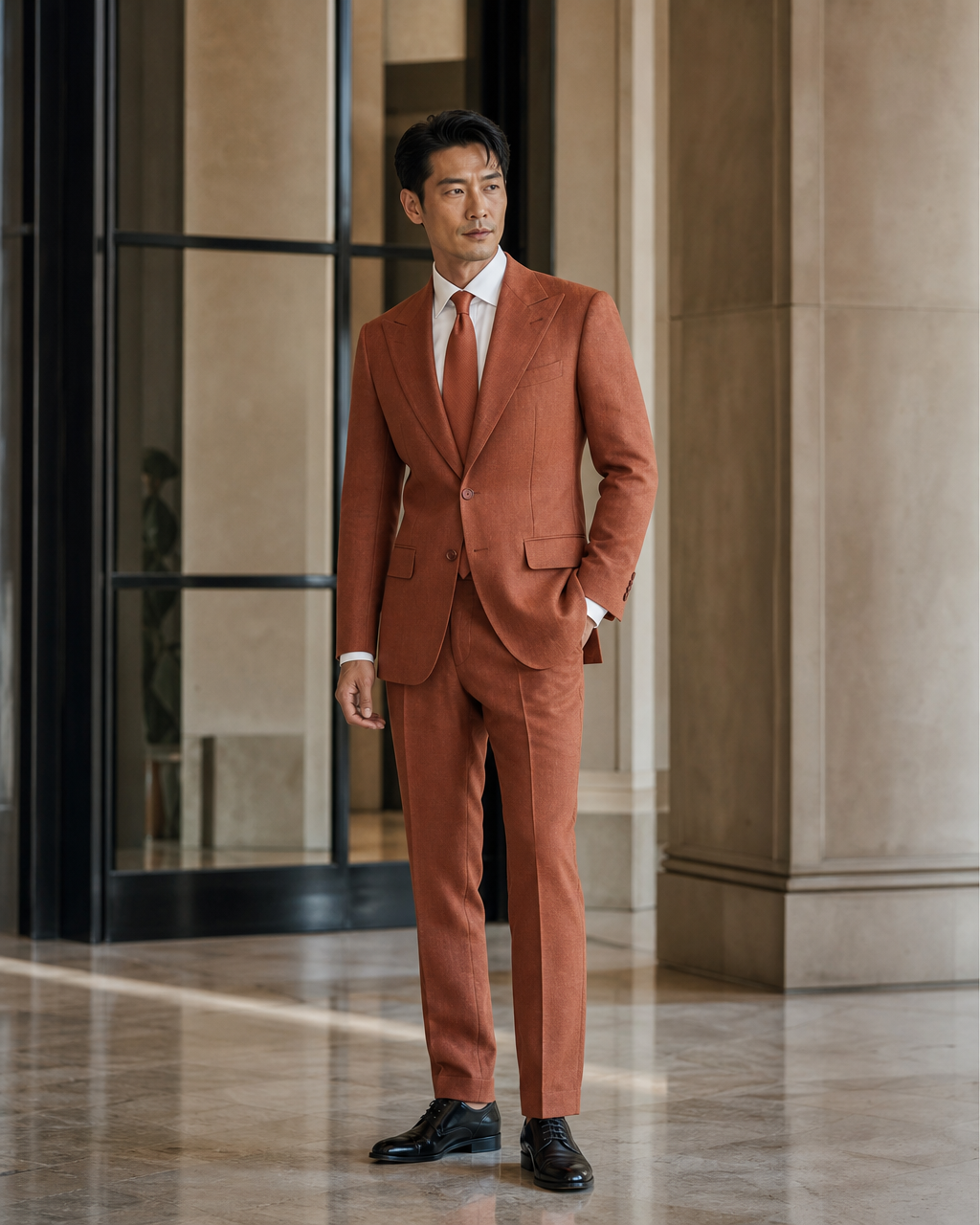 Terracotta Linen Beach Wedding Suit - Custom Made to Measure side back view