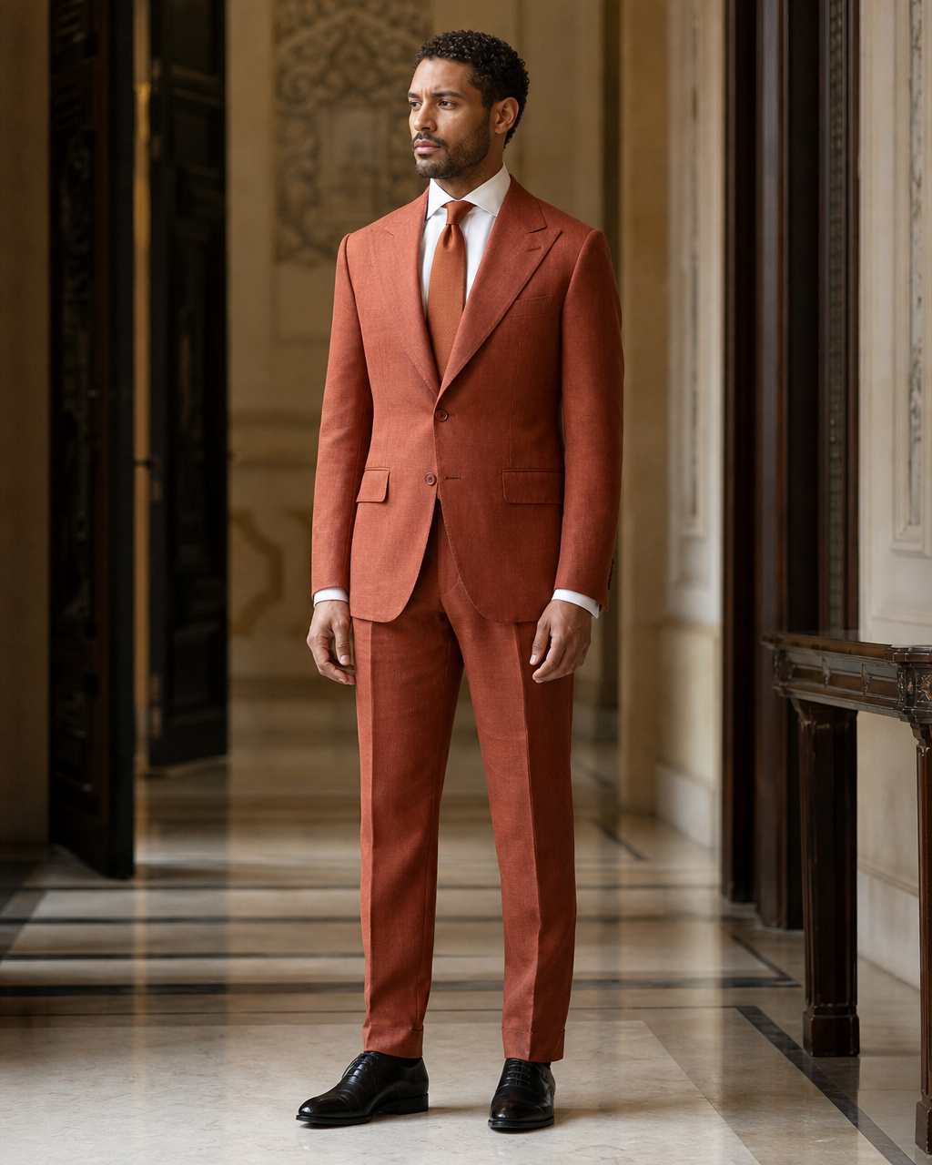 Terracotta Linen Outdoor Wedding Suit - Custom Made to Measure side back view