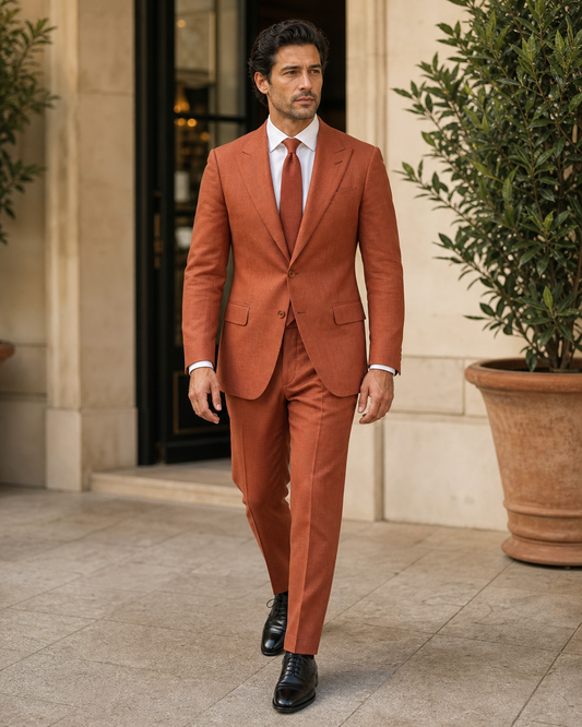 Terracotta Linen Peak Lapel Suit - Custom Made to Measure front view