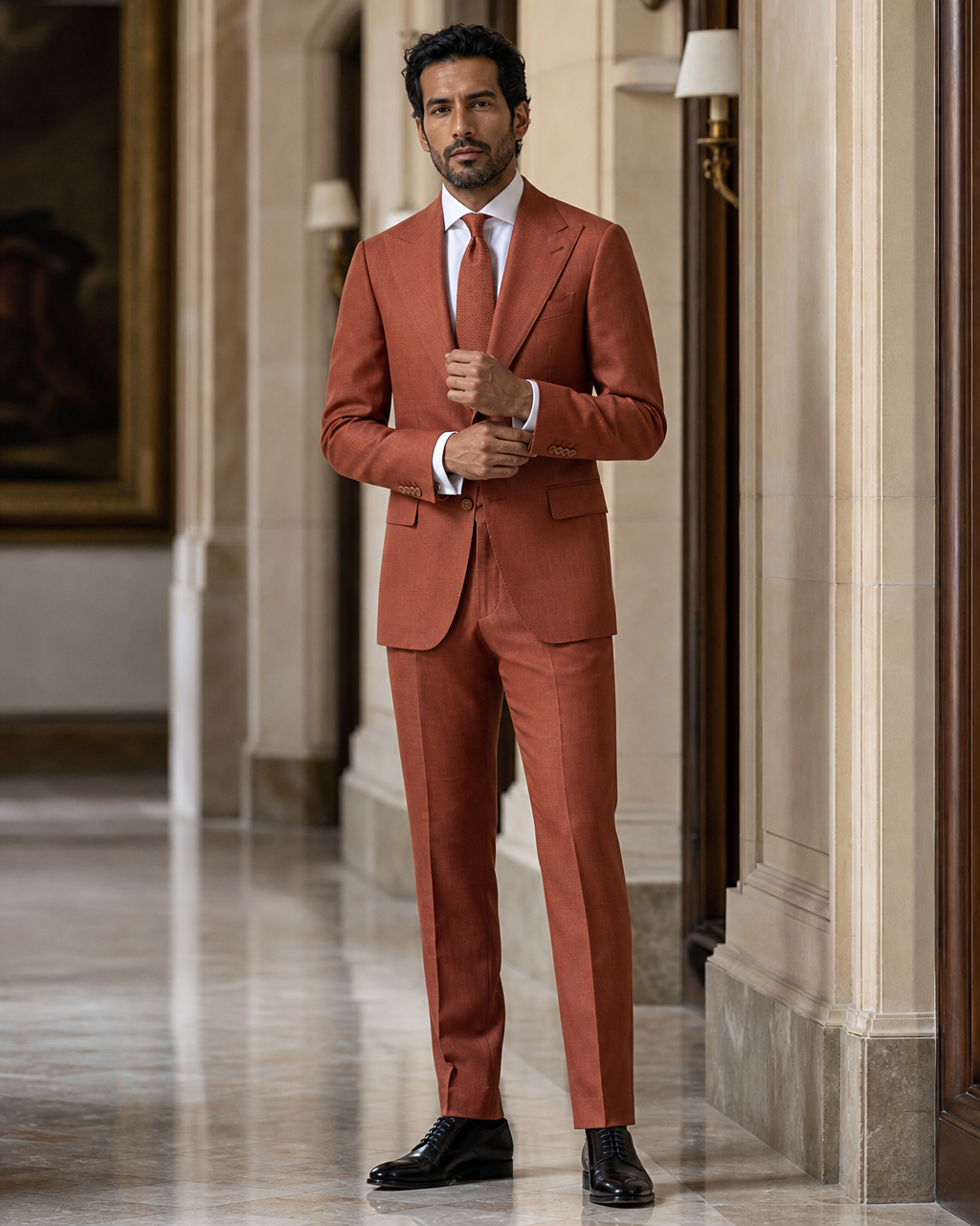 Terracotta Linen Summer Suit - Custom Made to Measure front view