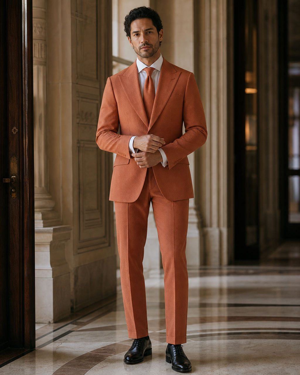 Terracotta Seersucker Beach Wedding Suit - Custom Made to Measure front view