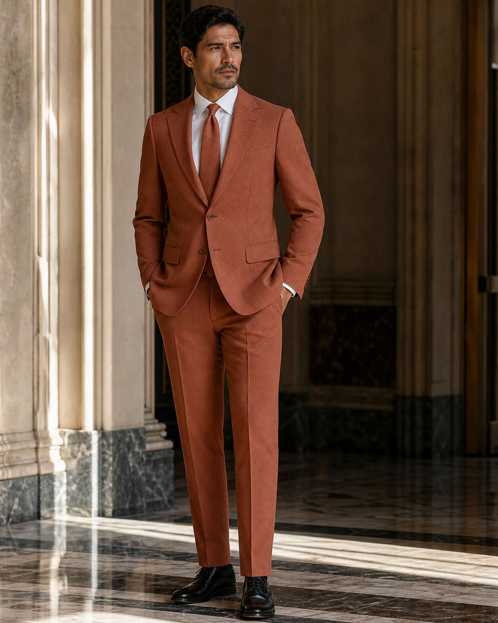 Terracotta Seersucker Beach Wedding Suit - Custom Made to Measure side back view